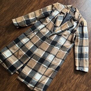 SHEIN Tan and Black Plaid Trench Coat